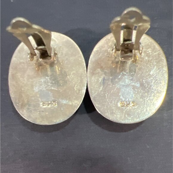 Vtg Natural Leopard Skin Jasper Cabochon Sterling Silver Clip Earrings Artisan - Picture 5 of 10